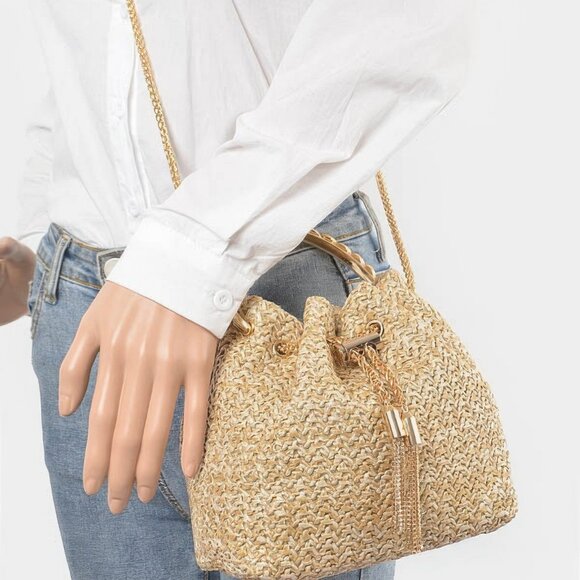 Faux Straw Bucket Bag W/stone Handle - Picture 2 of 6